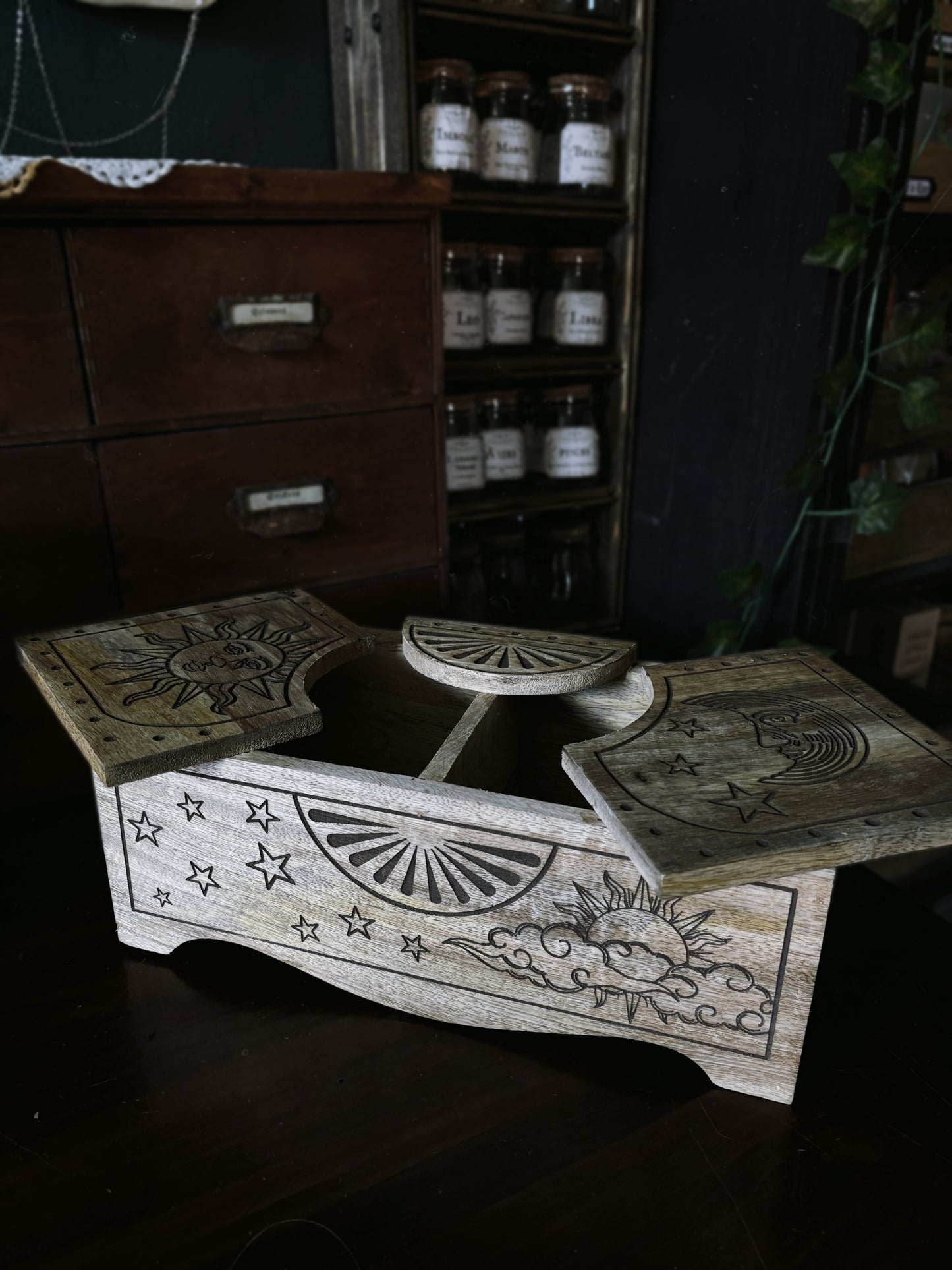 Sun & Moon Carved Sliding Box (35.5x15x12cm)