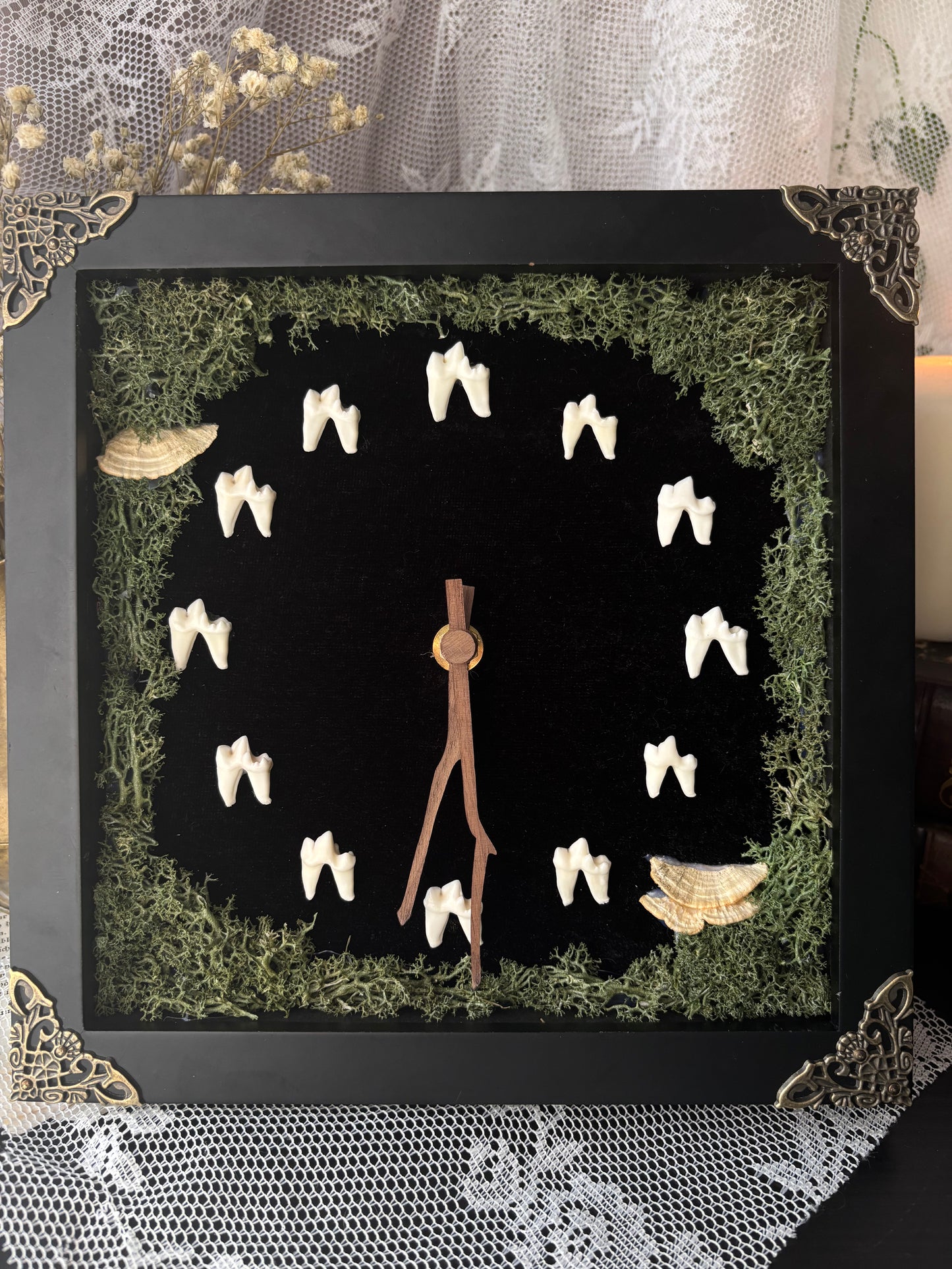 „Timekeeper of the Wild” – Framed Clock with Fox Teeth & Reindeermoss (20x20cm)
