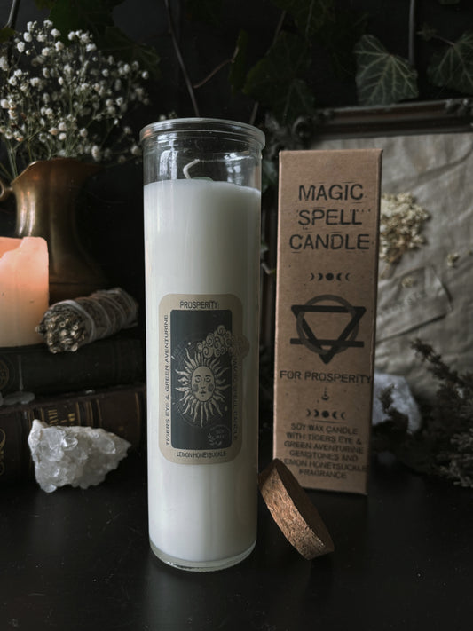 Magic Spell Candle - Prosperity (with Tiger's Eye & Green Aventurin Crystals/Lemon Honeysuckle)