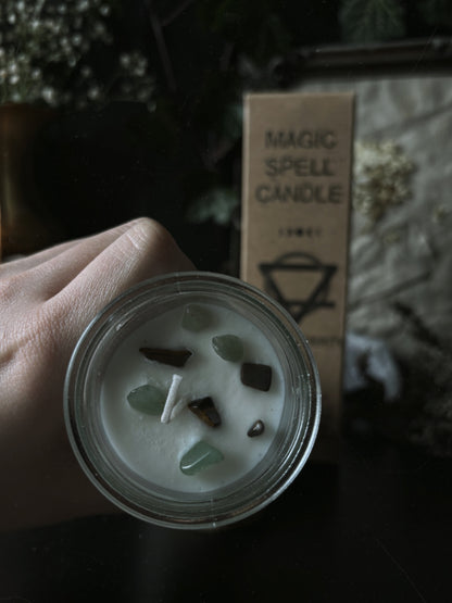 Magic Spell Candle - Prosperity (with Tiger's Eye & Green Aventurin Crystals/Lemon Honeysuckle)