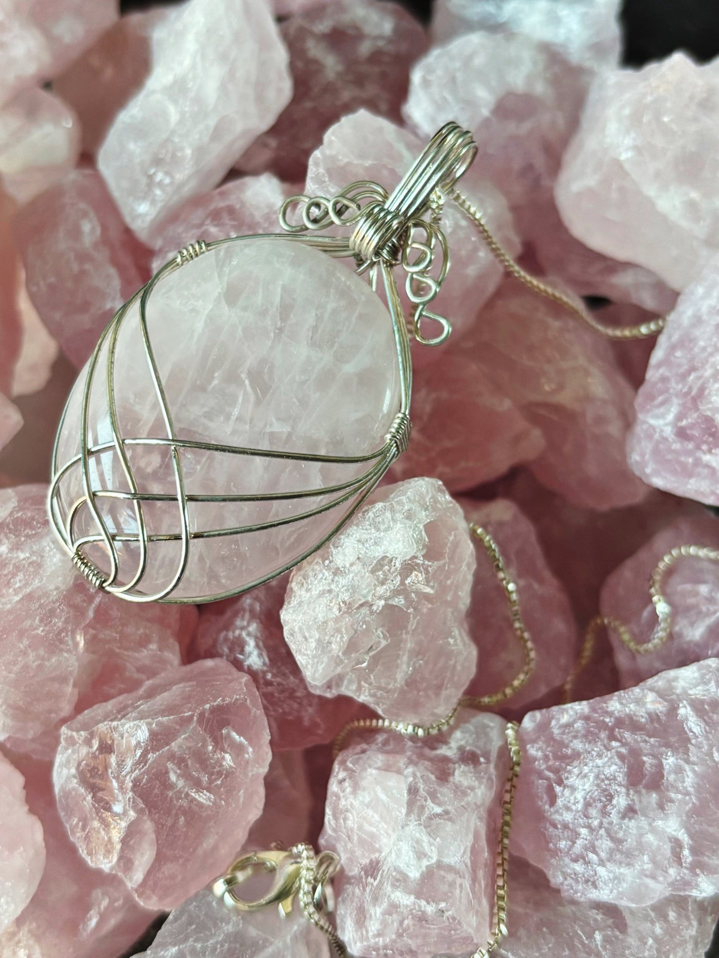 Swirl Wrapped Gemstone Necklace - Rose Quartz