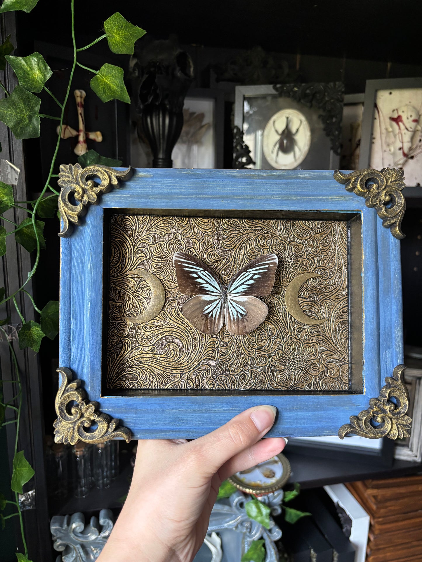 “Celestial Wings” – Framed Butterfly on Baroque Moonlit Tapestry (23x18cm)