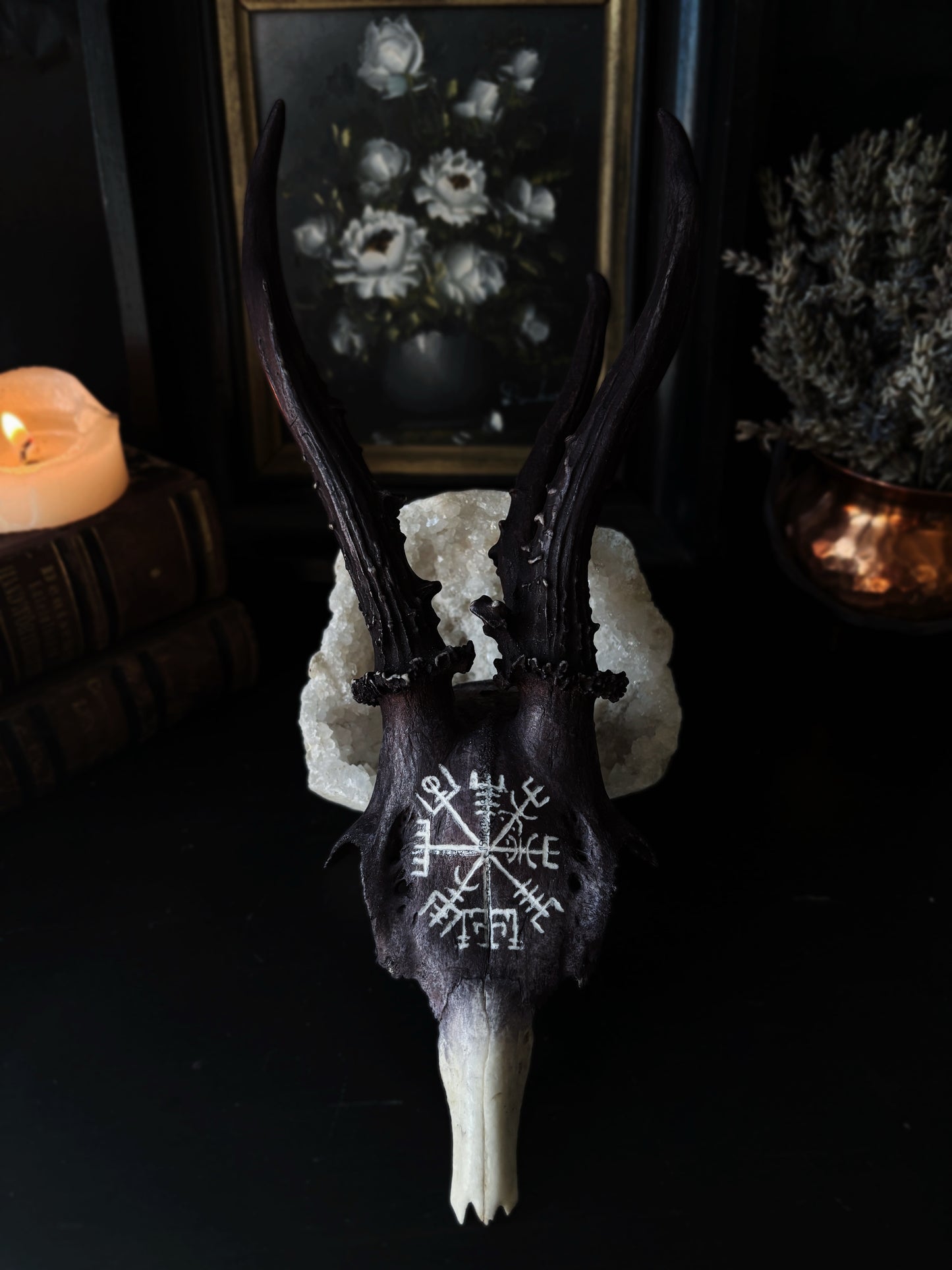 Vegvisir Deer Skull | Handcarved & Painted Bone Art