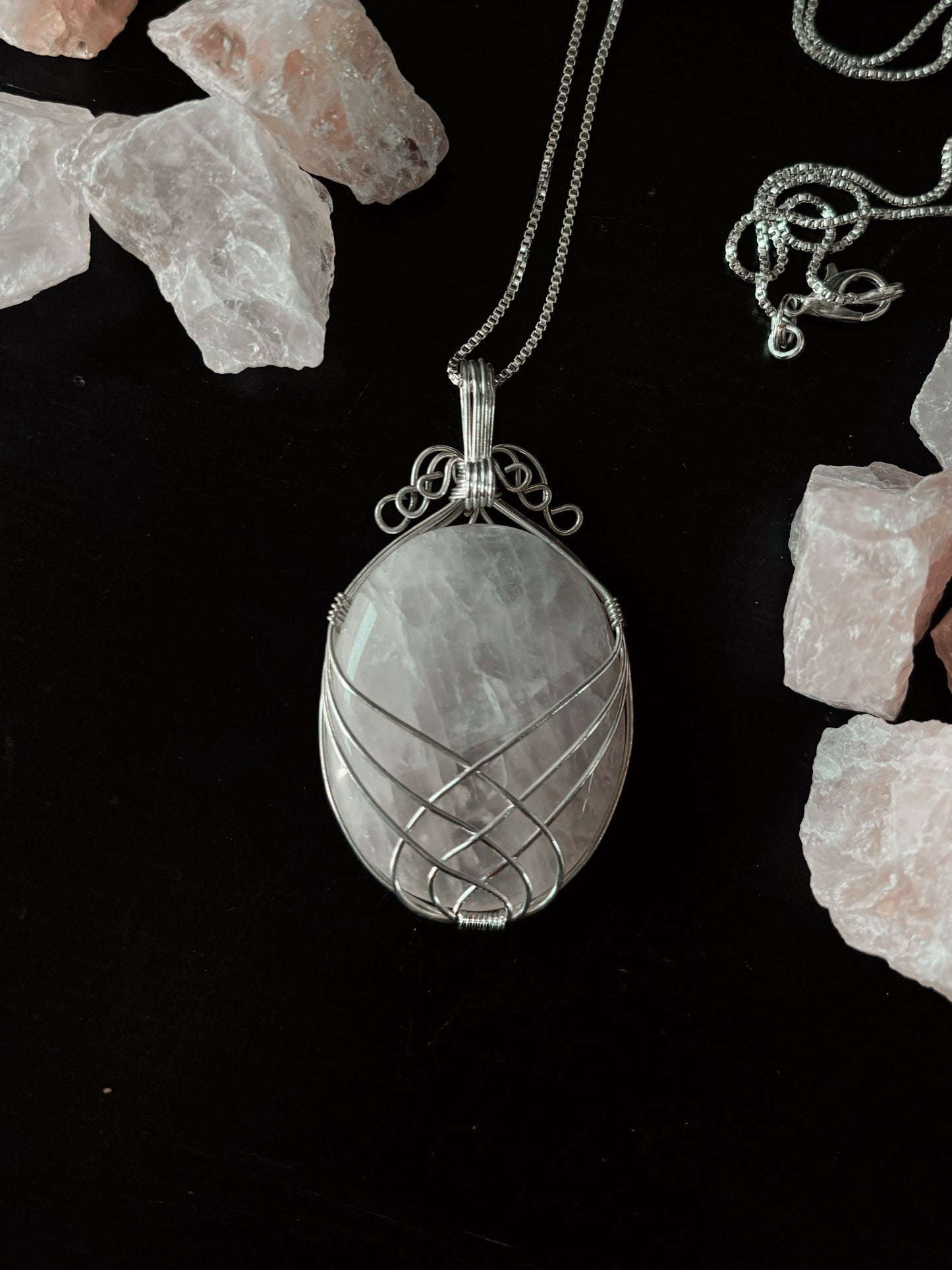 Swirl Wrapped Gemstone Necklace - Rose Quartz