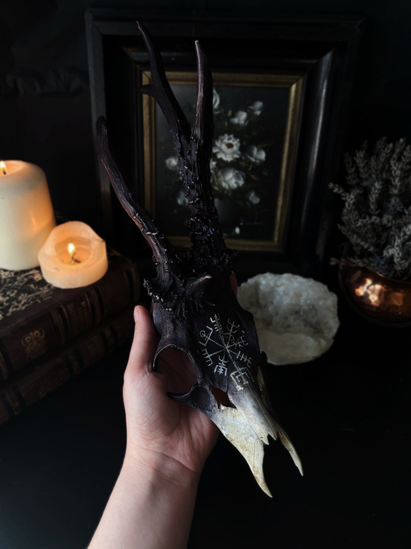 Vegvisir Deer Skull | Handcarved & Painted Bone Art