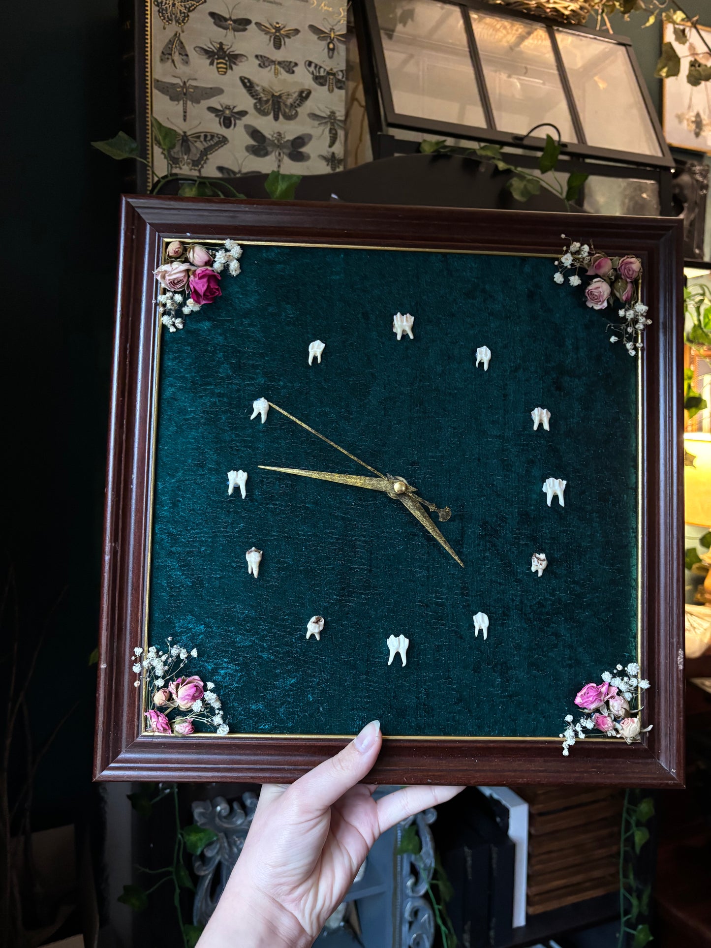 “Timekeeper of the Wild” – Framed Vintage Clock with Deer Teeth & Florals (34x34cm)