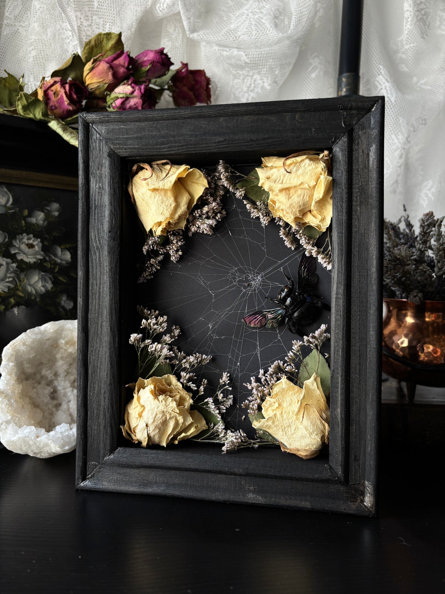 “Widow’s Garden” – Giant Carpenter Bee in Web with White Roses (23x18 cm)