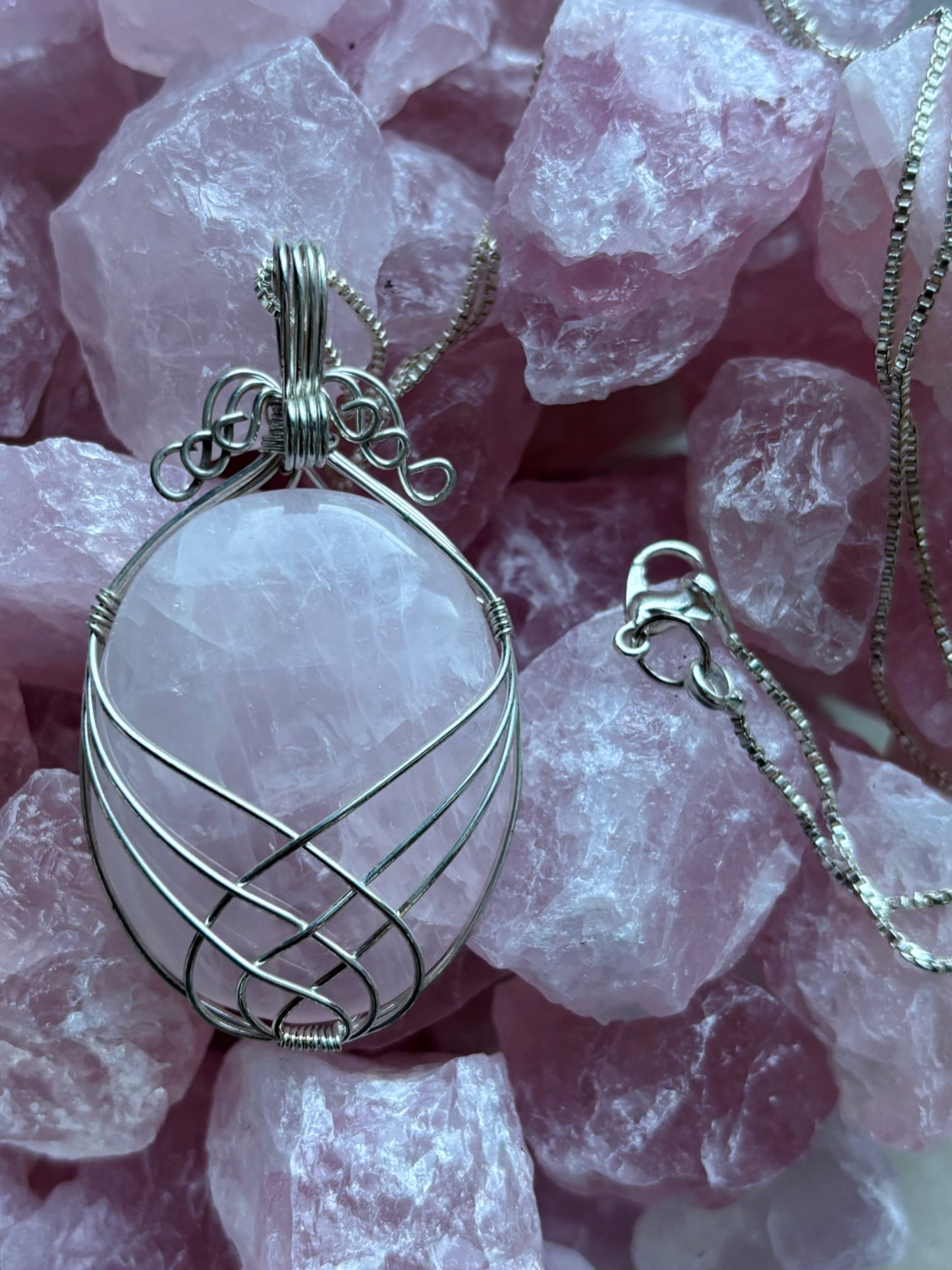 Swirl Wrapped Gemstone Necklace - Rose Quartz